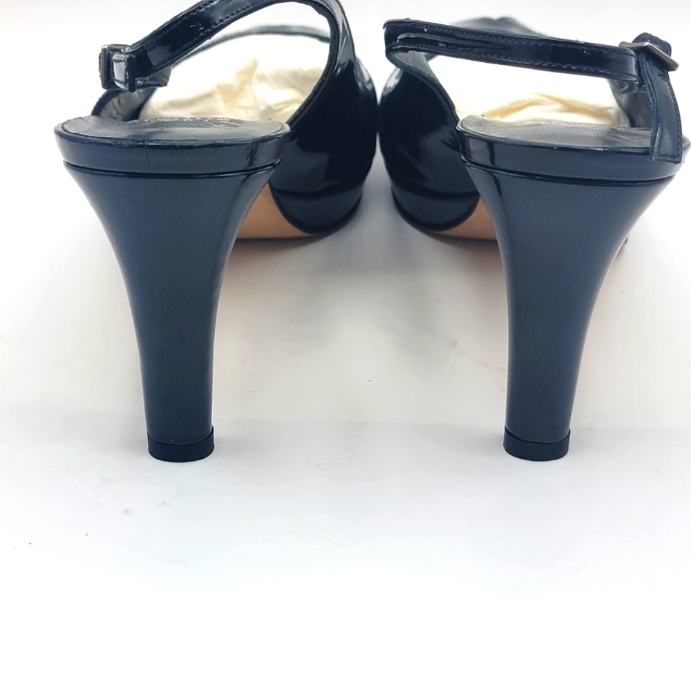 Never Worn! Stuart Weitzman Peep-Toe Patent Leather Navy Pumps Size 10.5 #1526 - Picture 5 of 9